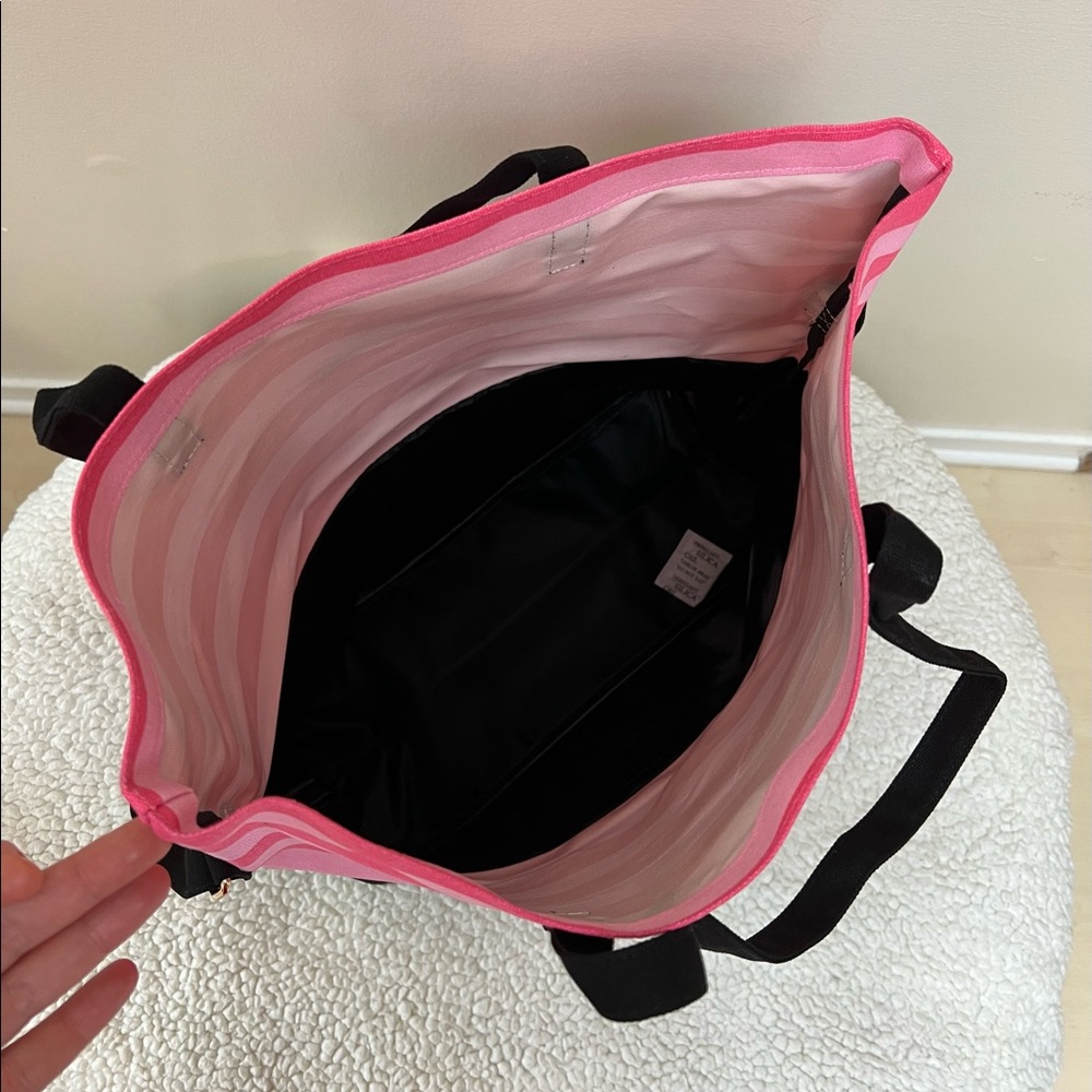 Victoria’s Secret Canvas Black Pink Striped Multi Handle Tote Bag - Picture 2 of 7